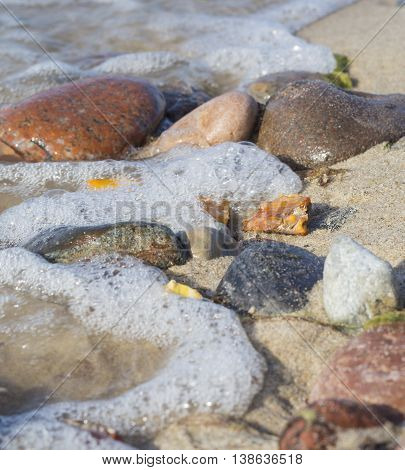 Some pieces of amber found on the Baltic seashore on hand close up cold sea in background