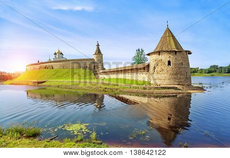 Pskov Kremlin and Ploskaya tower in the morning Russia
