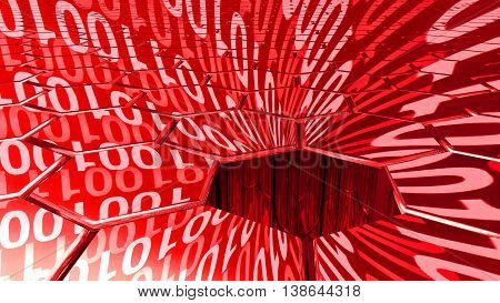 Big data concept digital red stream reflecting on a hexagon grid surface and a sinkhole absorbing all the datastreams 3D illustration