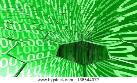 Big data concept digital green stream reflecting on a hexagon grid surface and a sinkhole absorbing all the datastreams 3D illustration