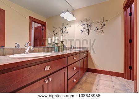 Modern Bathroom Interior With Cherrywood Cabinets And Tile Floor