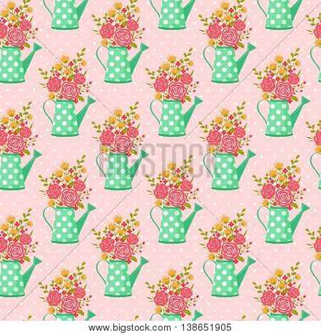 Cute seamless pattern with watering can and flowers. Pola dot background. Vector illustration.