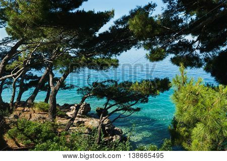 Coast in Brela. Brela is a seaside resort on the Makarska Riviera