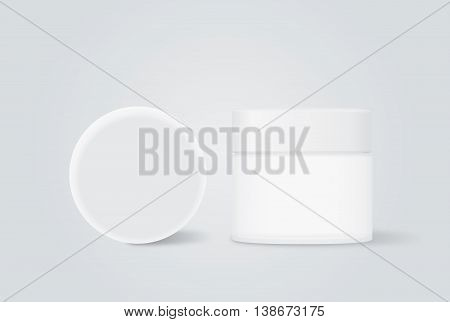 Opaque cream jar with white cap for beauty product mock up design in front view and top view.