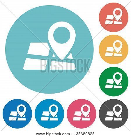 Flat map location icon set on round color background.