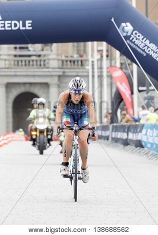 STOCKHOLM - JUL 02 2016: Female triathlete cyclist Angelica Olmo Italy in the Women's ITU World Triathlon series event July 02 2016 in Stockholm Sweden