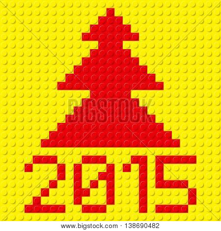 New Year red tree and 2015 in plastic construction kit texture on yellow