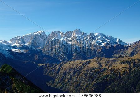 San Martino Dolomites in autumn after the first snowfall