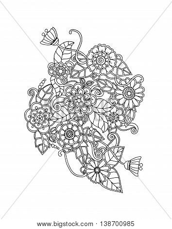 Ethnic floral zentangle doodle floral background pattern in vector. Henna paisley mehndi doodles design tribal design element. Monochrome pattern for coloring book for adults and kids.