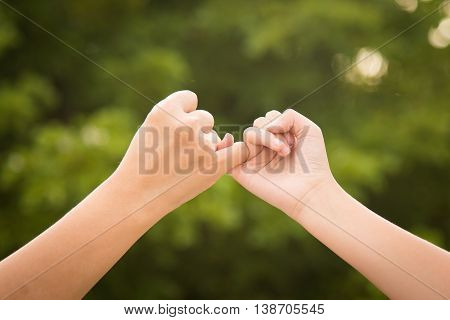 Mother and daughter making a pinkie promise on nature background