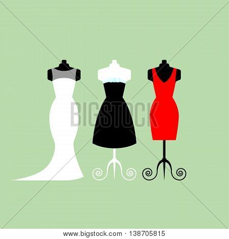 Collection of white wedding dresses in different styles - stock vector illustration.