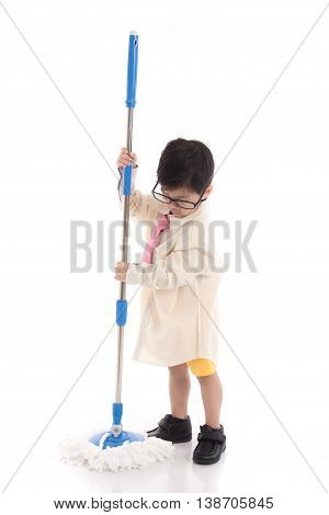 Little asian child pretending to be unemployed man on white background isolated