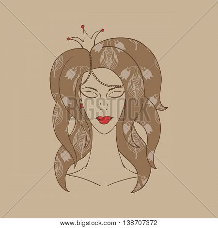 princess with crown with eyes closed on a beige background.