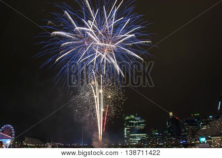 16 July 2016: Darling Harbour Sydney AUSTRALIA: 8.30pm fireworks display marking the end of the Cool Yule Festival a Southern Hemisphere winter festival