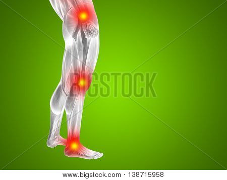 Conceptual 3D illustration of human man anatomy lower body or health design, joint or articular pain, ache or injury on green background