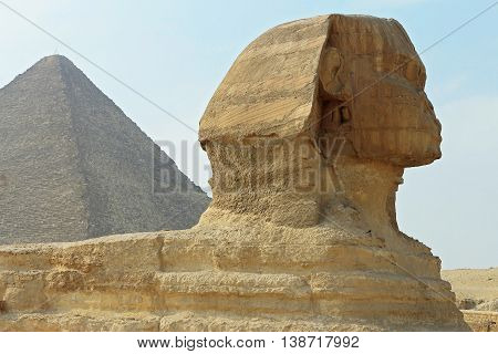 Sphinx statue and Pyramid in Giza Egypt. Ancient architecture
