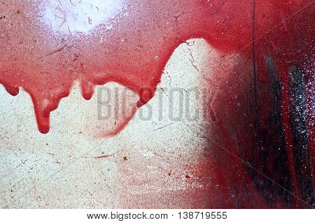 Cracked And Dripping Red And White Paint On Grunge Metal