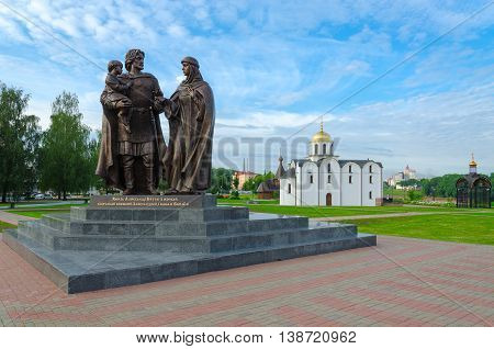 VITEBSK BELARUS - JULY 13 2016: Monument to Prince Alexander Nevsky and his wife Princess Alexandra of Vitebsk and son of Basil Vitebsk Belarus