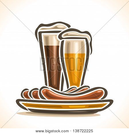Vector logo for Beer and Sausages, consisting of glass cups, filled to the brim light lager beer, dark porter ale with foam on white background, yellow dish plate with 3 hot beef sausage frankfurters