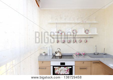Interior Of Modern Kitchen, Look Plate And Sink Horizontal Shot