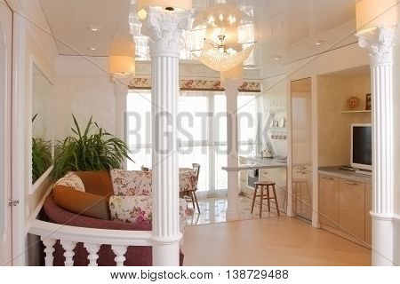 Interior Of The Modern Apartment Overlooking A Big Window, A Horizontal Shot