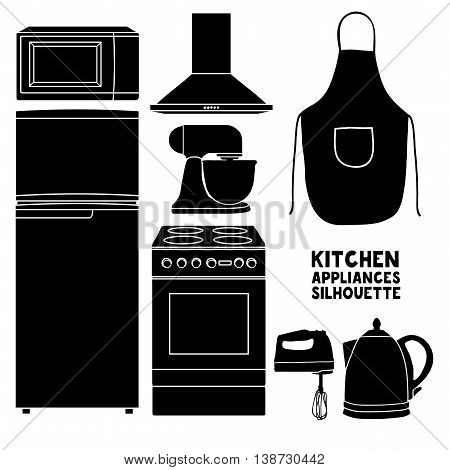 Set of kitchen device silhouettes. Kitchen household silhouettes furniture in a cartoon style. Silhouette of kitchen tools and accessories. Appliances for kitchen interior. Vector illustration