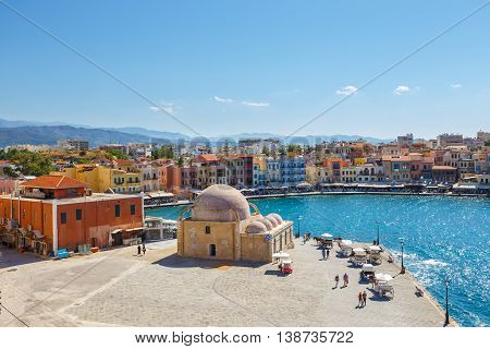 Chania, Crete - 25 Maj, 2016: Aerial View Of The Old Harbor  In Chania, Greece. Chania Is The Second