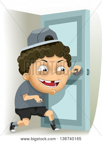Illustration of a Mischievous Little Boy Sneaking Out