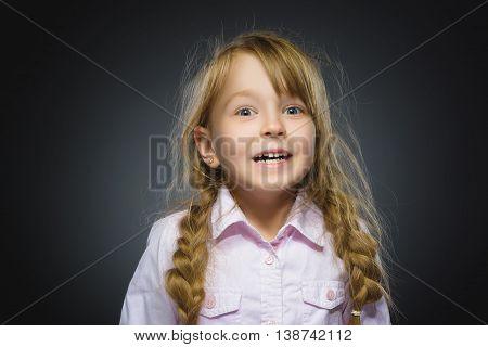 Closeup Portrait of happy girl going surprise isolated on gray background.