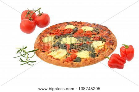 Stonebaked spinach and ricotta pizza, tomatoes and peppers isolated on white background
