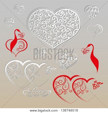Vector illustration of hearts made from red and plaster, bright white and stork, holding in its beak a heart