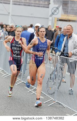 STOCKHOLM - JUL 02 2016: Two running female triathletes Zafers and Knibb in the Women's ITU World Triathlon series event July 02 2016 in Stockholm Sweden