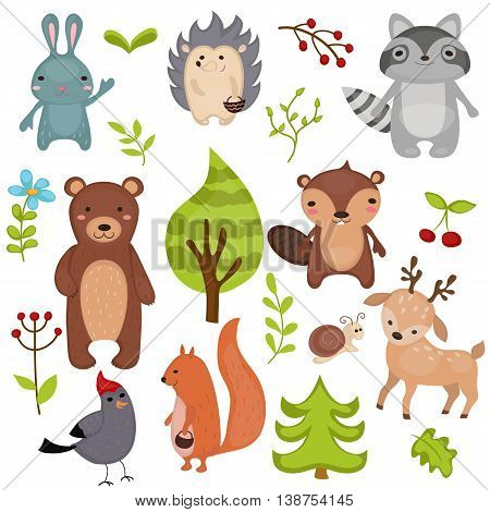 Forest animals vector set of icons and illustrations.