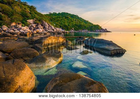 Vacationa Time Concept Idyllic Sea Rocky Beach With Mountain Sunrise
