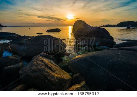 Vacationa Time Concept Idyllic Sea Rocky Beach With Mountain Sunrise