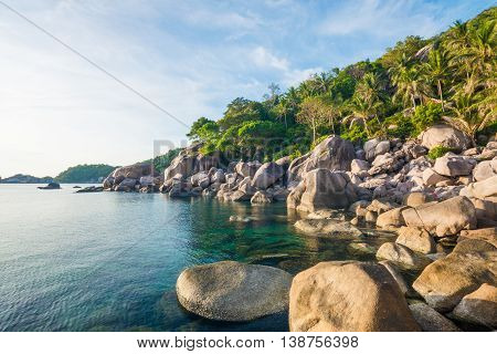 Vacationa Time Concept Idyllic Sea Rocky Beach With Mountain Sunrise