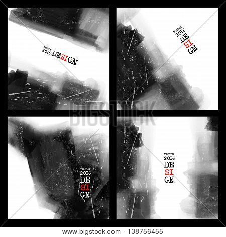 Abstract stylish background Black ink paint. Black blot isolated on white square. Grunge watercolor banner. Painting. Wallpaper with empty space for your text. Vector illustration set.