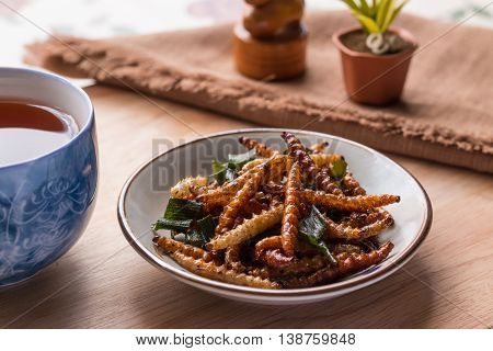 Fried Insects - Bamboo Worm Insect Crispy With Pandan After Fried And Add A Light Coating Of Sauce A