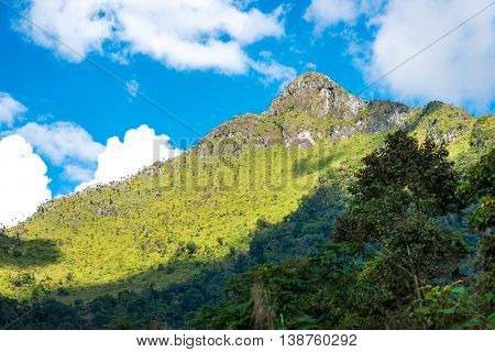 Forest Landscape View Of Green Mountains And Blue Sky With Clouds
