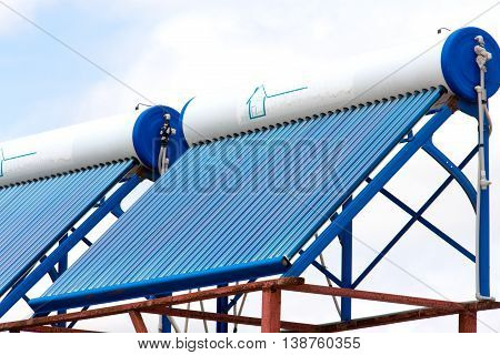 solar water heaters on the roof close up.