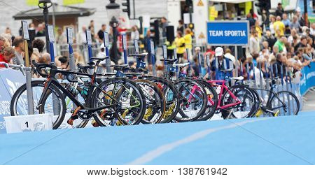 STOCKHOLM - JUL 02 2016: Lots of triathlete bicylces parked in the transition zone in the Women's ITU World Triathlon series event July 02 2016 in Stockholm Sweden
