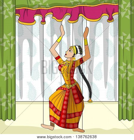 Vector design of colorful Rajasthani Puppet doing Kuchipudi classical dance of Andhra Pradesh, India
