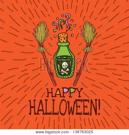Halloween card with hand drawn magic potion bottle and broom on orange background. Vector hand drawn illustration.