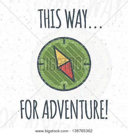 Camping logo design with typography and travel elements - compass. Vector text - this way for adventure. Hiking trail, backpacking symbols in retro flat colors. Nice for prints, tee design, apparel.