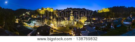 MONSCHAU - OCTOBER 3: Panoramic view of the beautiful Eifel village Monschau with night blue sky in Germany on October 3, 2014