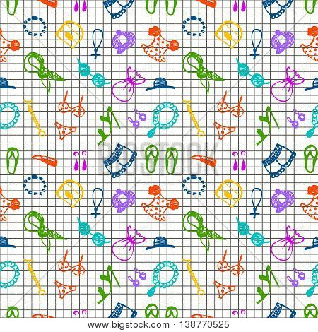 Semless vector pattern with clothes and accessory. Hand sketch drawing. Imitation of ink penciling. Series of Hand Drawn and Fashion Patterns.