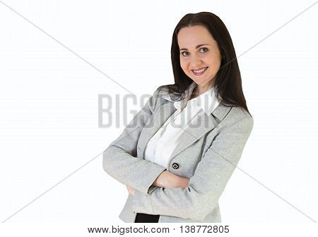 Attractive business woman portrait against of white background