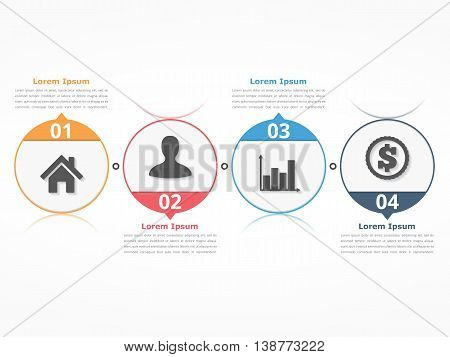 Process diagram template with circles, flowchart or workflow with four elements steps or options, business infographics, vector eps10 illustration