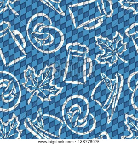 Vector background bavarian seamless pattern flag oktoberfest. On Background blue rhombus diamond  - symbols Oktoberfest: mug beer, pretzel, tyrolean hat, maple leaf. Textile tablecloth Bayern