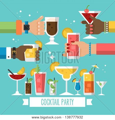 Cocktail alcohol party concept for web and graphic design. Hands holding cocktail drinks